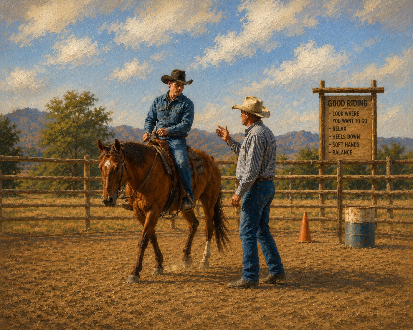 Coach instructing a rider in an arena