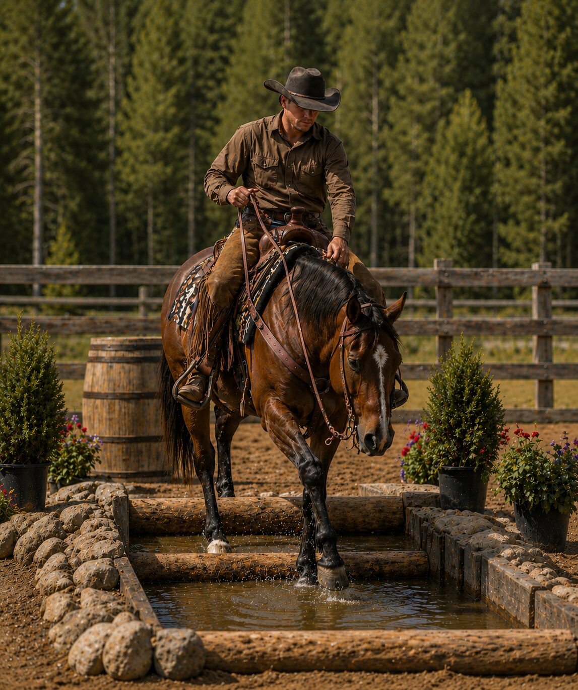 Cowboy and horse crossing water obstacle